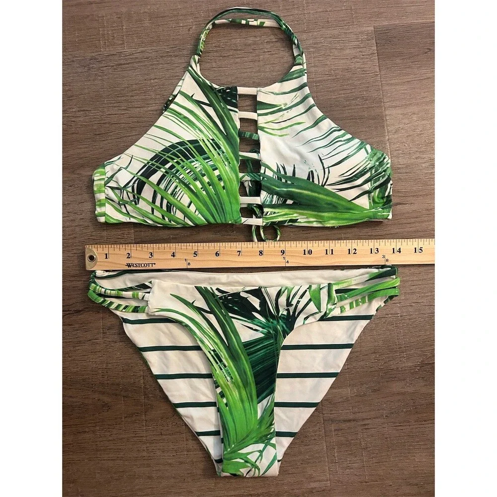 Bikini Set Womens Size M Green Reversible Tropical Leaf